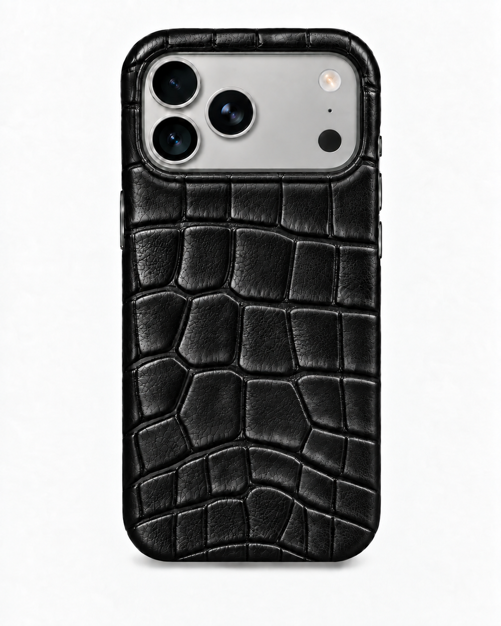 iPhone 18 Pro — Pelle di vitello stampa coccodrillo — Nero lucido