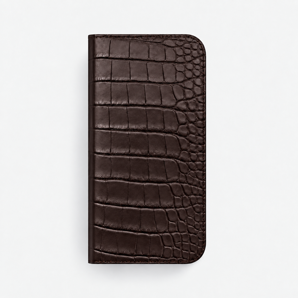 iPhone 16 Pro Max — Folio Alligatore — Marrone scuro