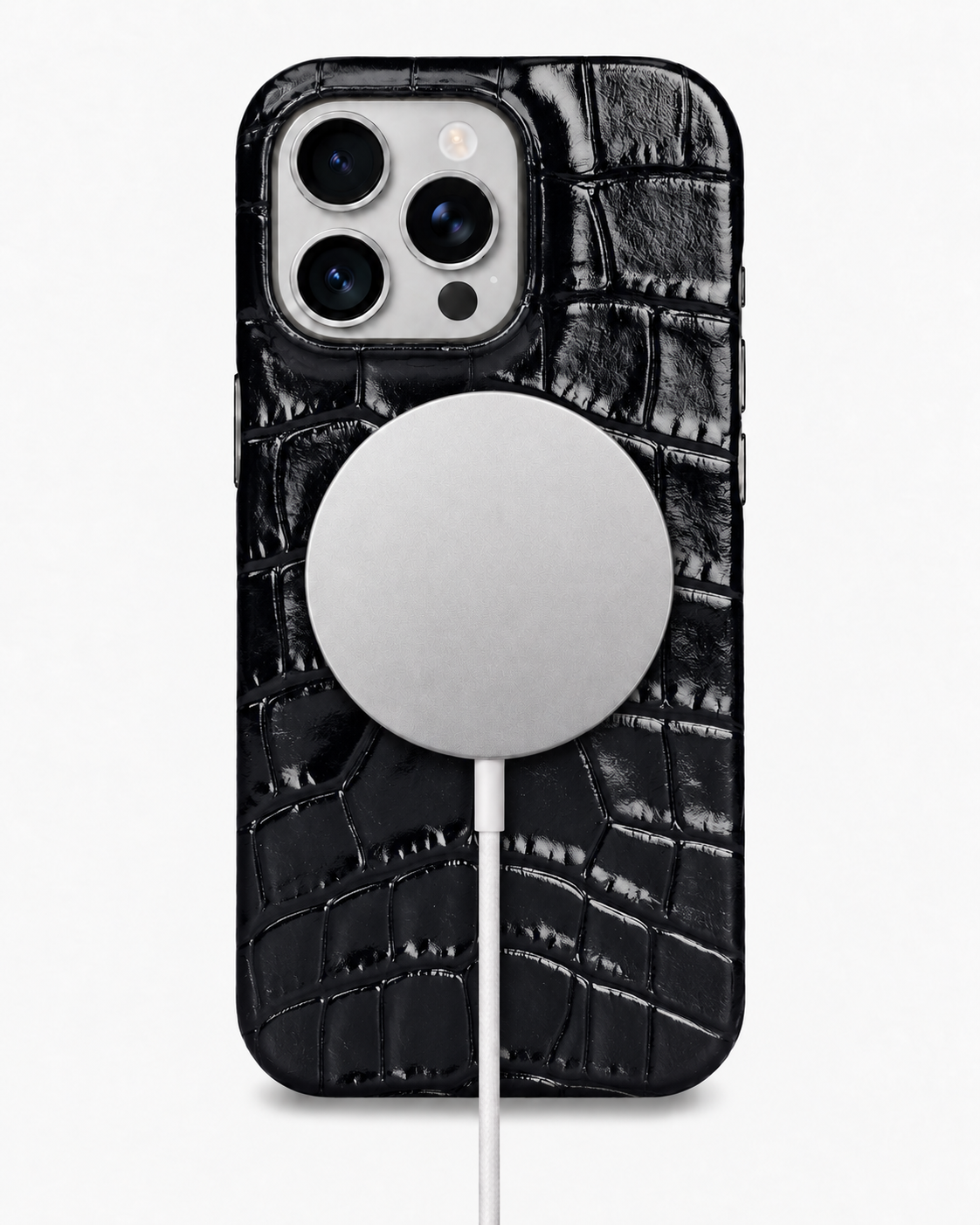 iPhone 16 Pro — Veau embossé crocodile — Noir brillant — Voir l’image 5