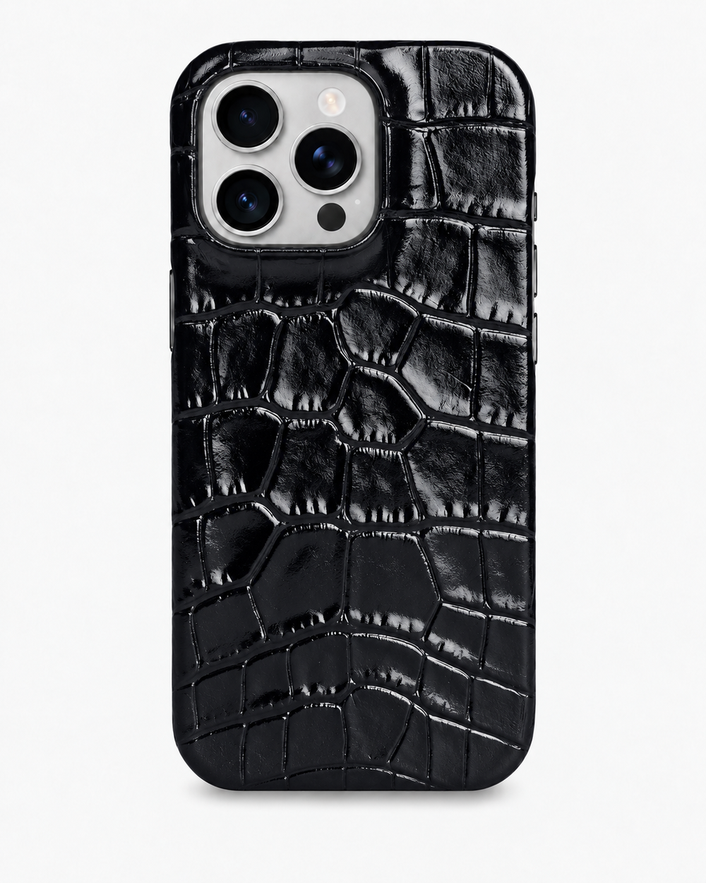 iPhone 16 Pro — Ternera grabada con motivo de cocodrilo — Negro brillante
