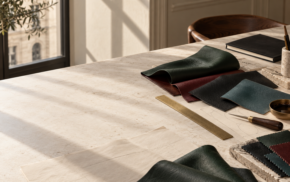 CLAN Milano Journal, materiali e strumenti su un tavolo d’atelier milanese