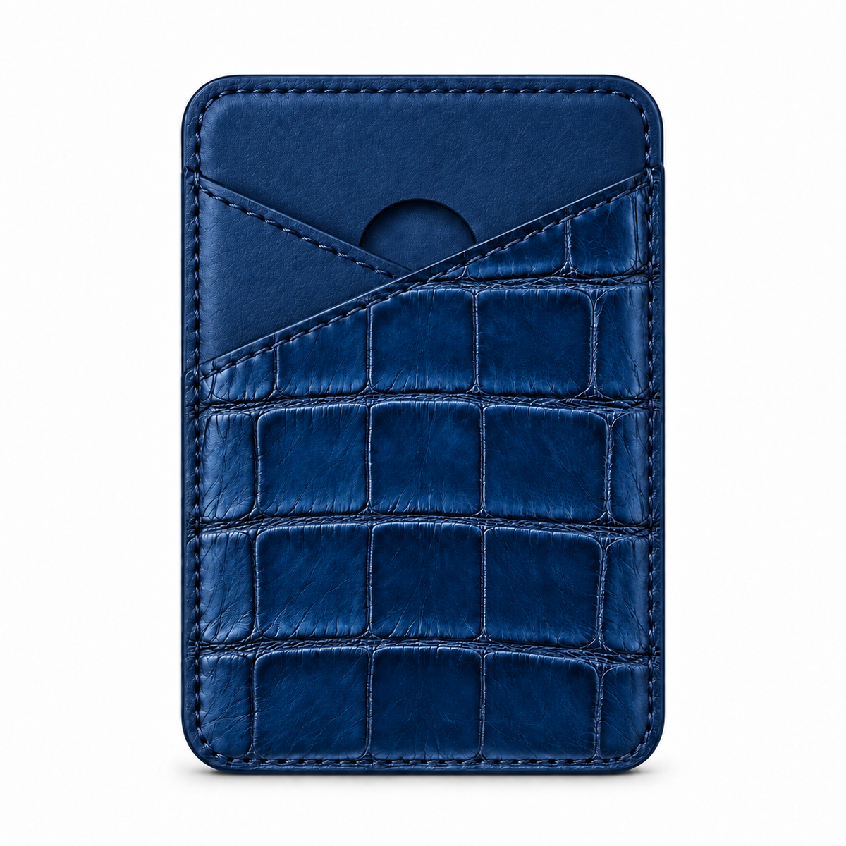 CLAN MagSafe Cross Pocket card holder — alligator and matching smooth calfskin — Blue Ocean — front