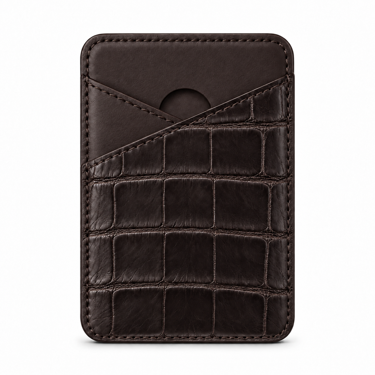 CLAN MagSafe Cross Pocket card holder — alligator and matching smooth calfskin — Dark Brown — front