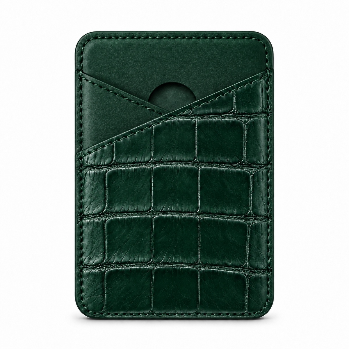 CLAN MagSafe Cross Pocket card holder — alligator and matching smooth calfskin — Dark Green — front
