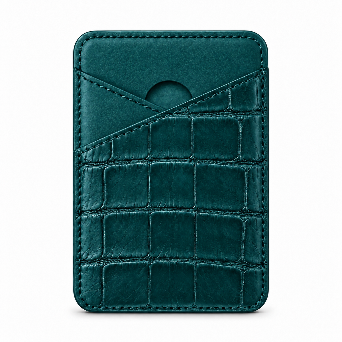 CLAN MagSafe Cross Pocket card holder — alligator and matching smooth calfskin — Dark Petrol Green — front