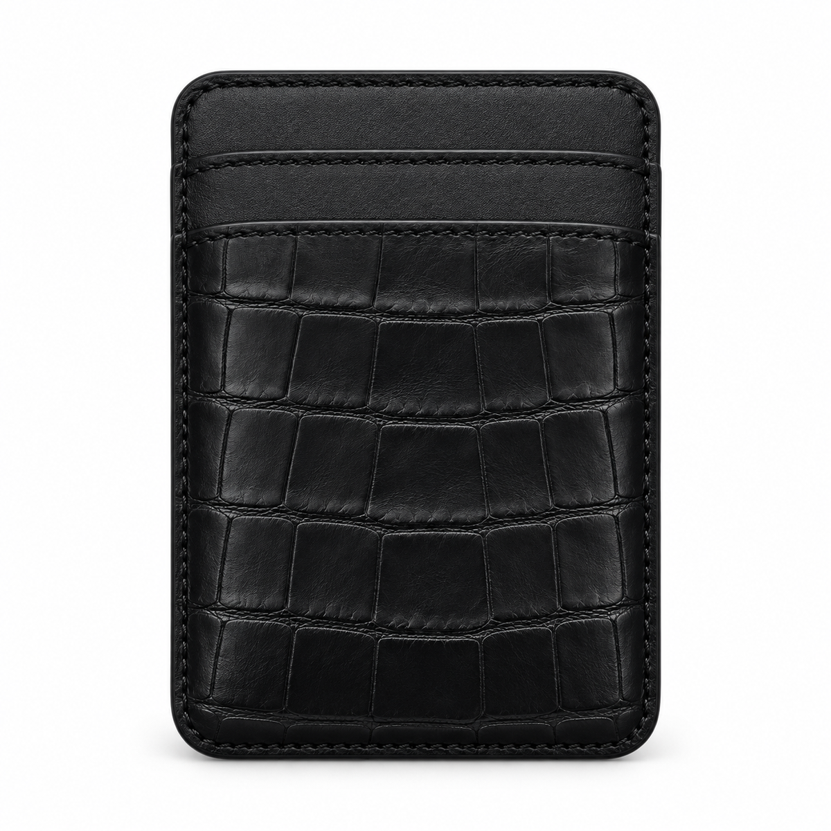 CLAN MagSafe Double Pocket card holder — alligator and matching smooth calfskin — Black — front