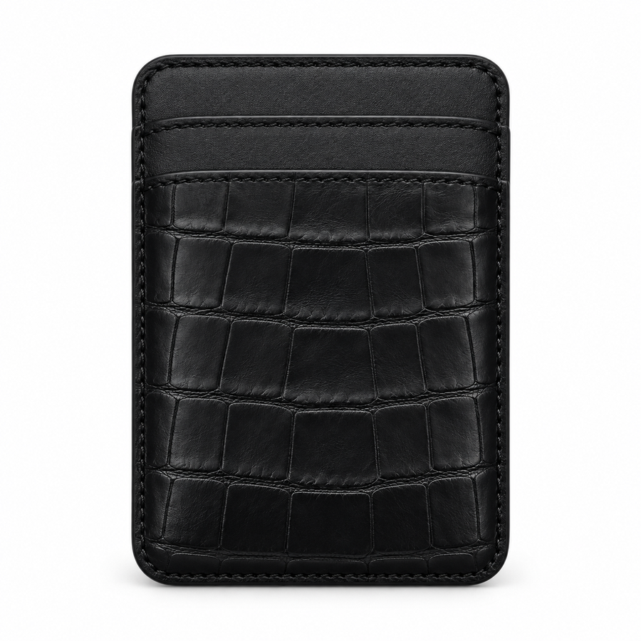 CLAN MagSafe Double Pocket card holder — alligator and matching smooth calfskin — Black — front