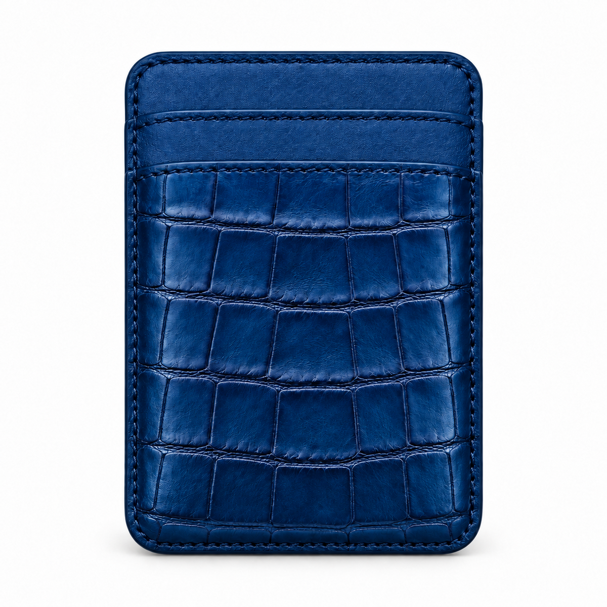 CLAN MagSafe Double Pocket card holder — alligator and matching smooth calfskin — Blue Ocean — front