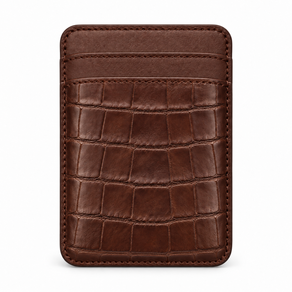 CLAN MagSafe Double Pocket card holder — alligator and matching smooth calfskin — Brown — front