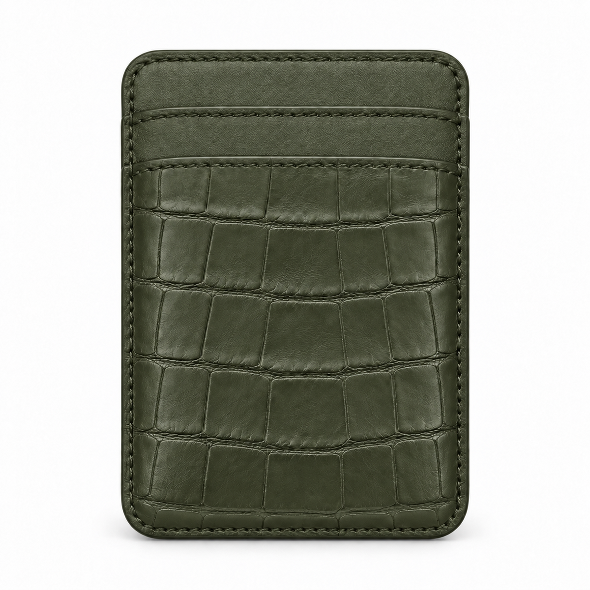 CLAN MagSafe Double Pocket card holder — alligator and matching smooth calfskin — Military Green — front