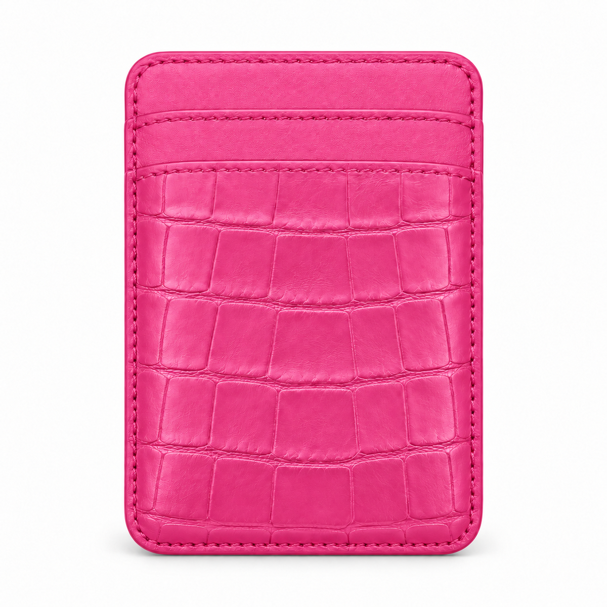CLAN MagSafe Double Pocket card holder — alligator and matching smooth calfskin — Pink — front