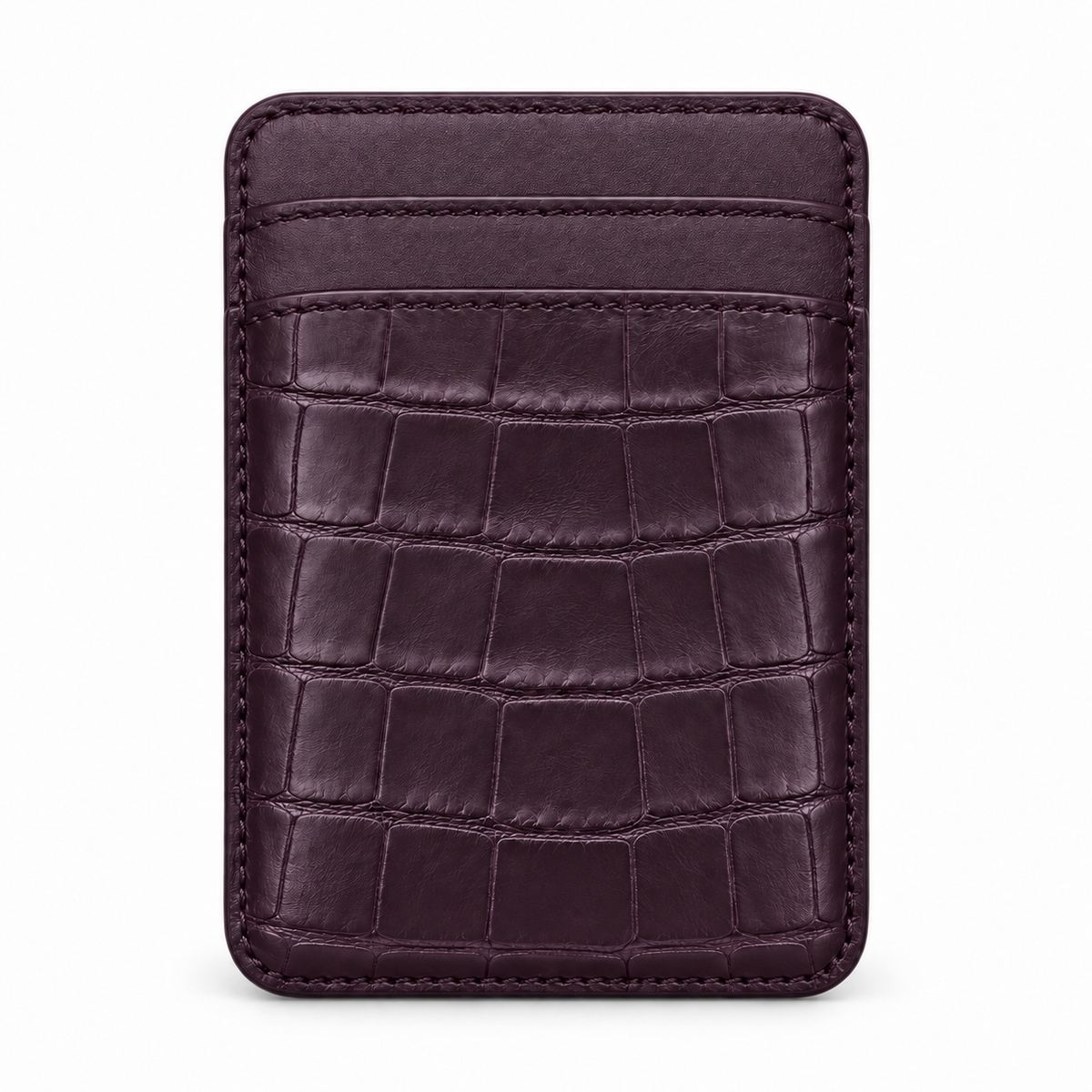 CLAN MagSafe Double Pocket card holder — alligator and matching smooth calfskin — Purple — front