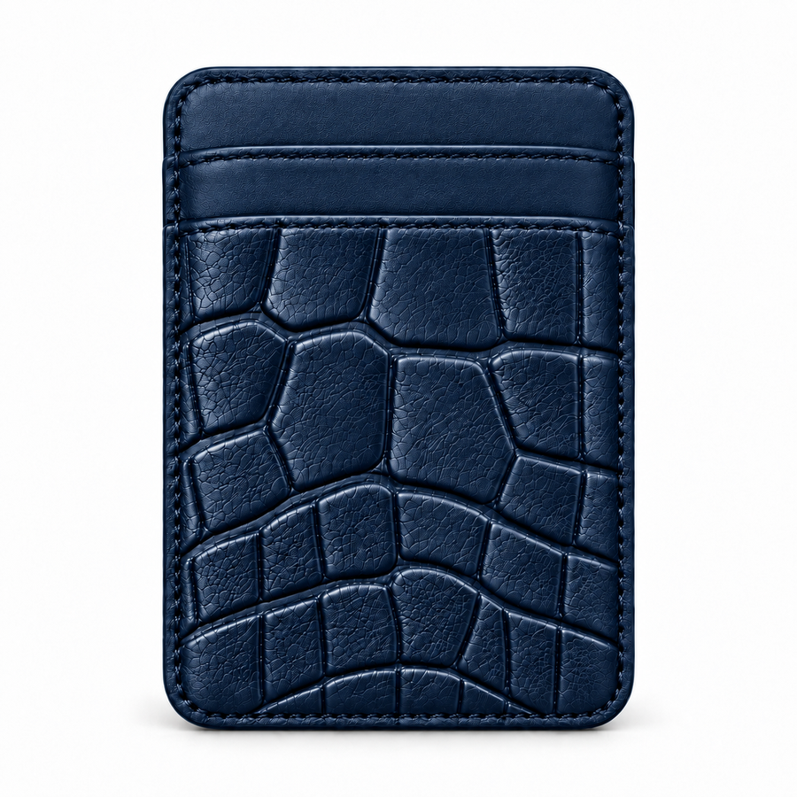 MagSafe Card Holder — Double Pocket — Crocodile Embossed Calfskin — Blue