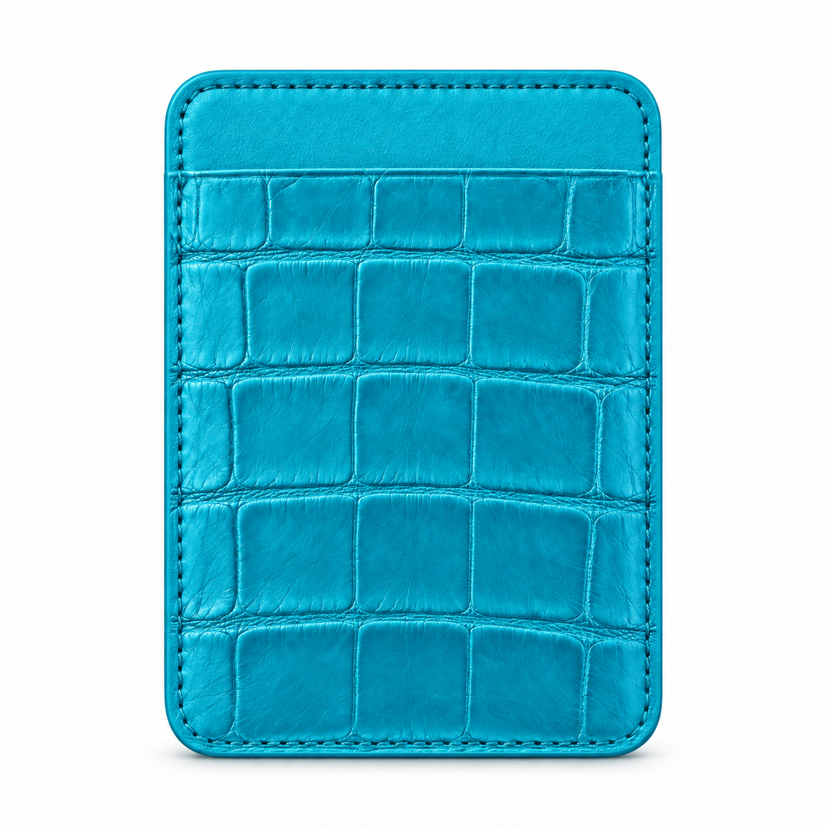 CLAN MagSafe Single Pocket card holder — alligator and matching smooth calfskin — Aqua Blue — front