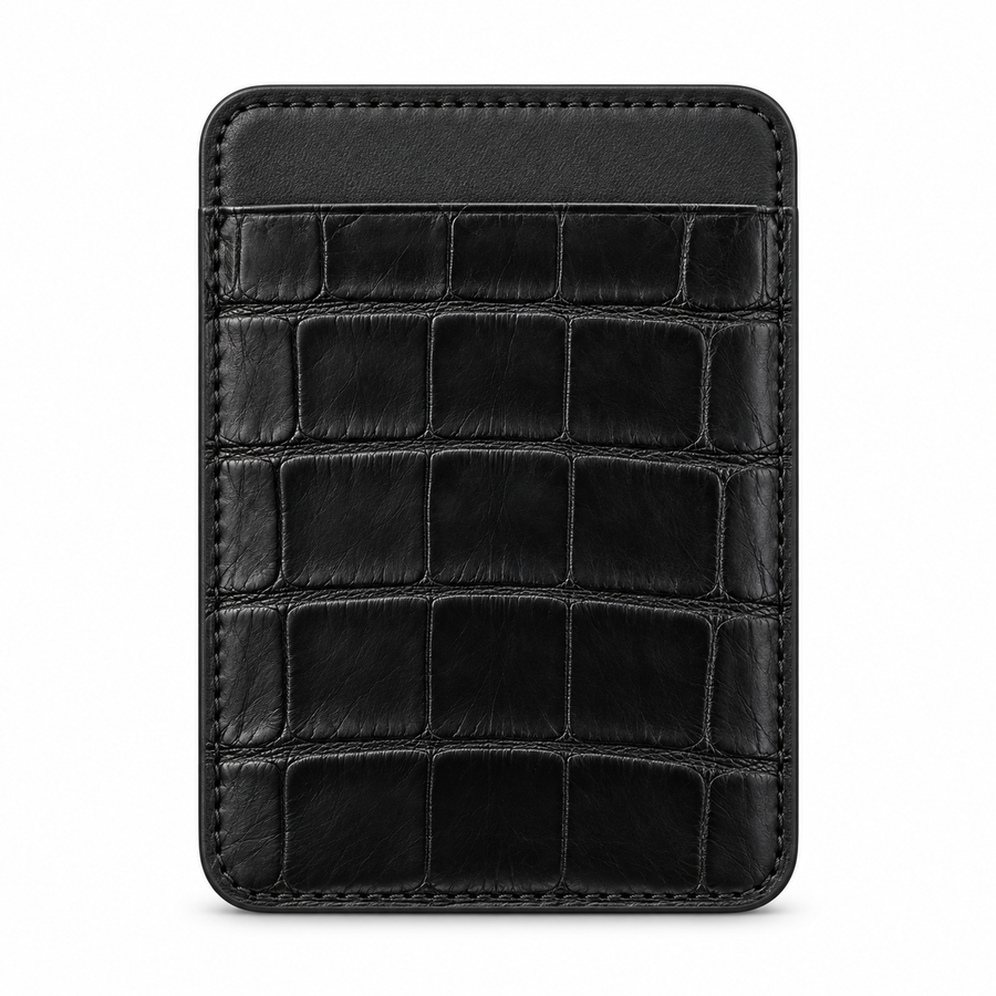 CLAN MagSafe Single Pocket card holder — alligator and matching smooth calfskin — Black — front