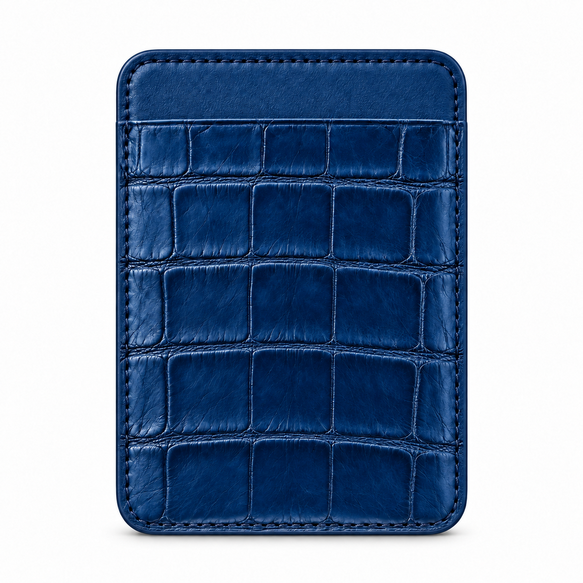 CLAN MagSafe Single Pocket card holder — alligator and matching smooth calfskin — Blue Ocean — front