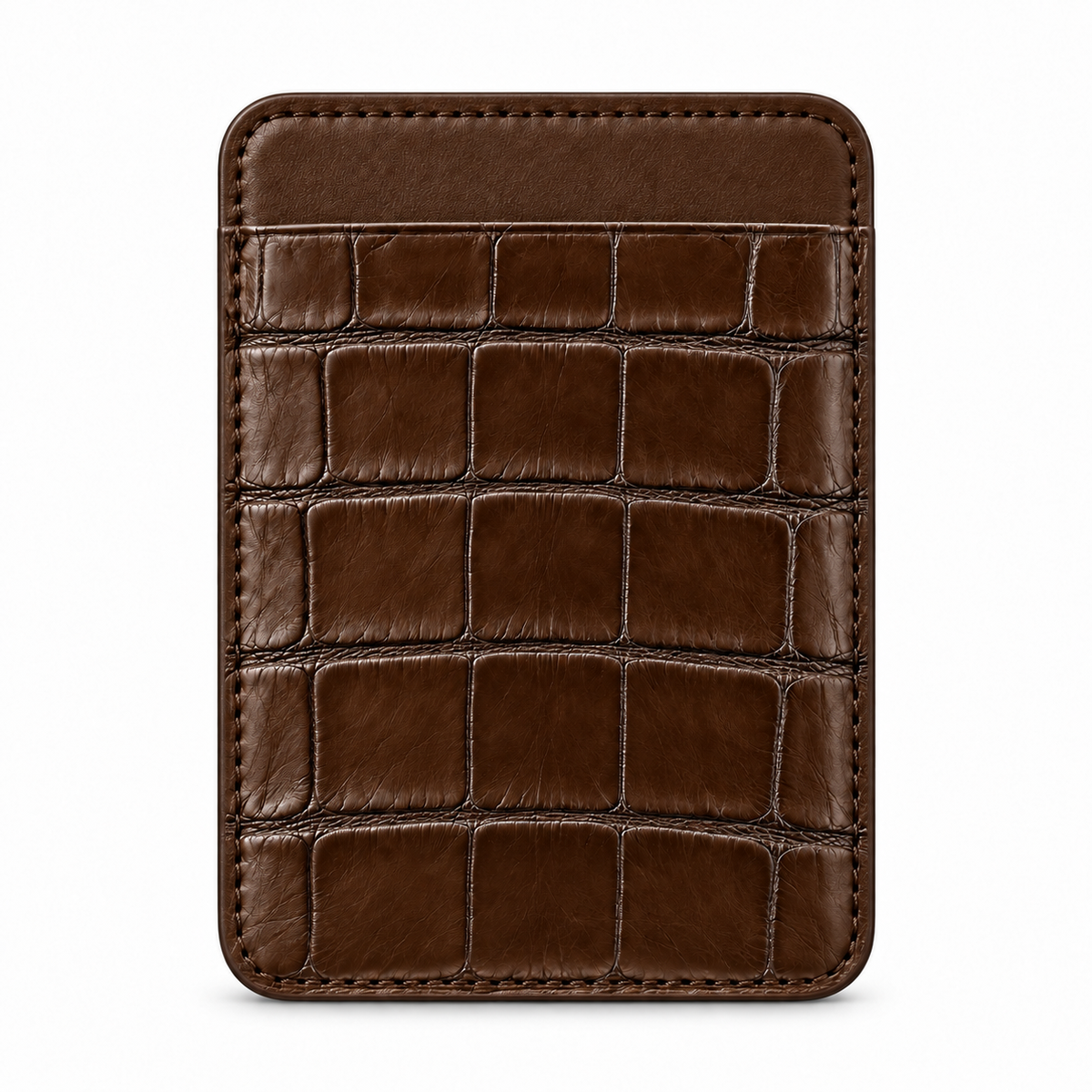 CLAN MagSafe Single Pocket card holder — alligator and matching smooth calfskin — Chocolate — front