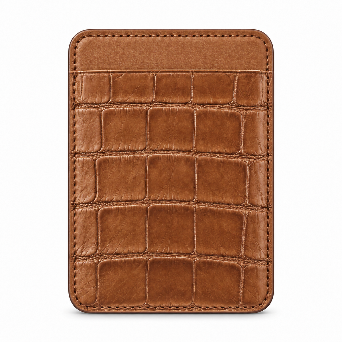 CLAN MagSafe Single Pocket card holder — alligator and matching smooth calfskin — Light Brown — front
