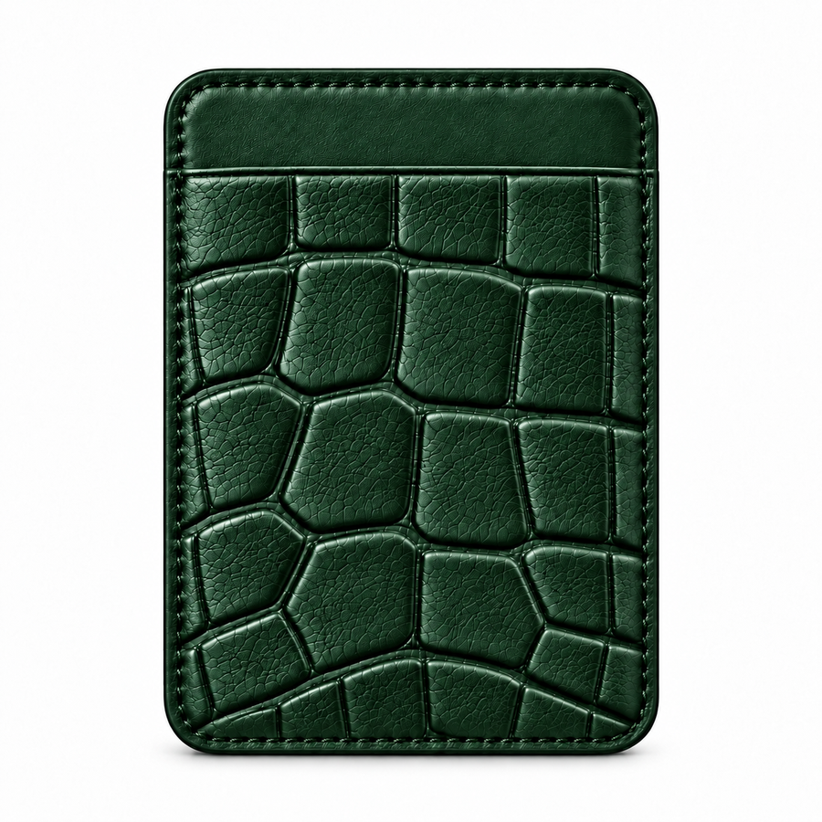 MagSafe Card Holder — Single Pocket — Crocodile Embossed Calfskin — Dark Green