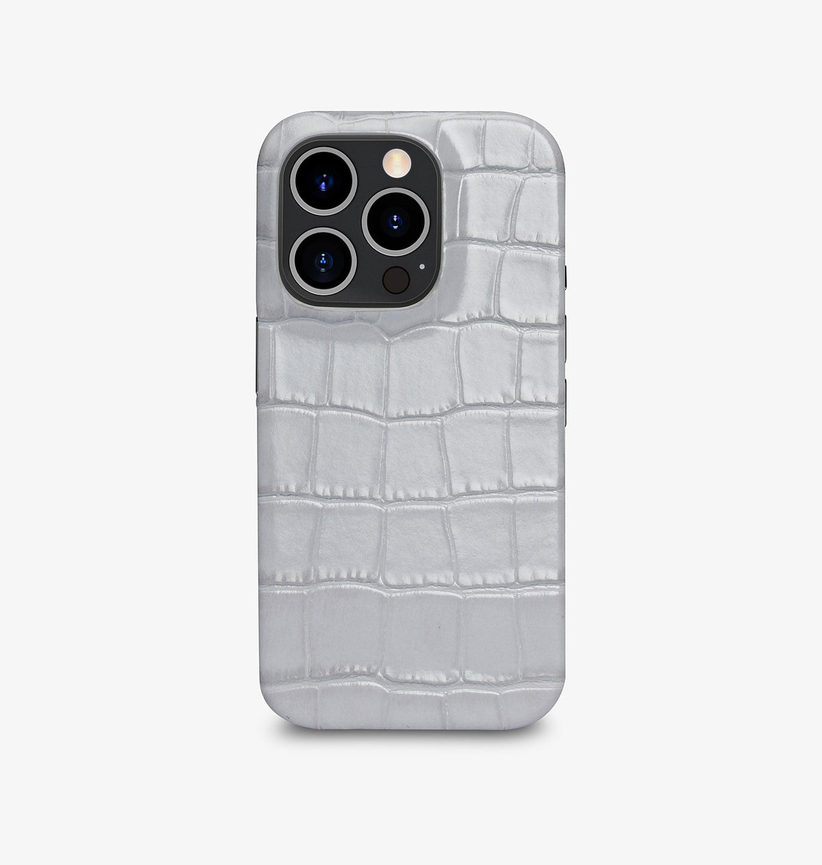 iPhone 14 — Vitello stampato coccodrillo — Grigio Lucido — Visualizza immagine 1
