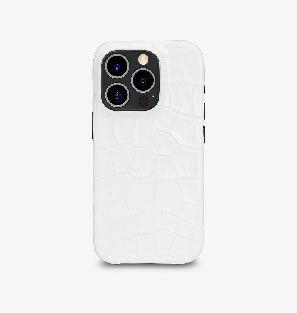 iPhone 14 Pro — Pelle di vitello stampa coccodrillo — Bianco lucido