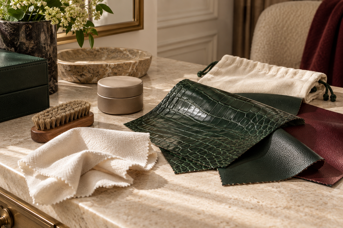 Fine leather care still life with cloth, brush, neutral balm and breathable storage bag