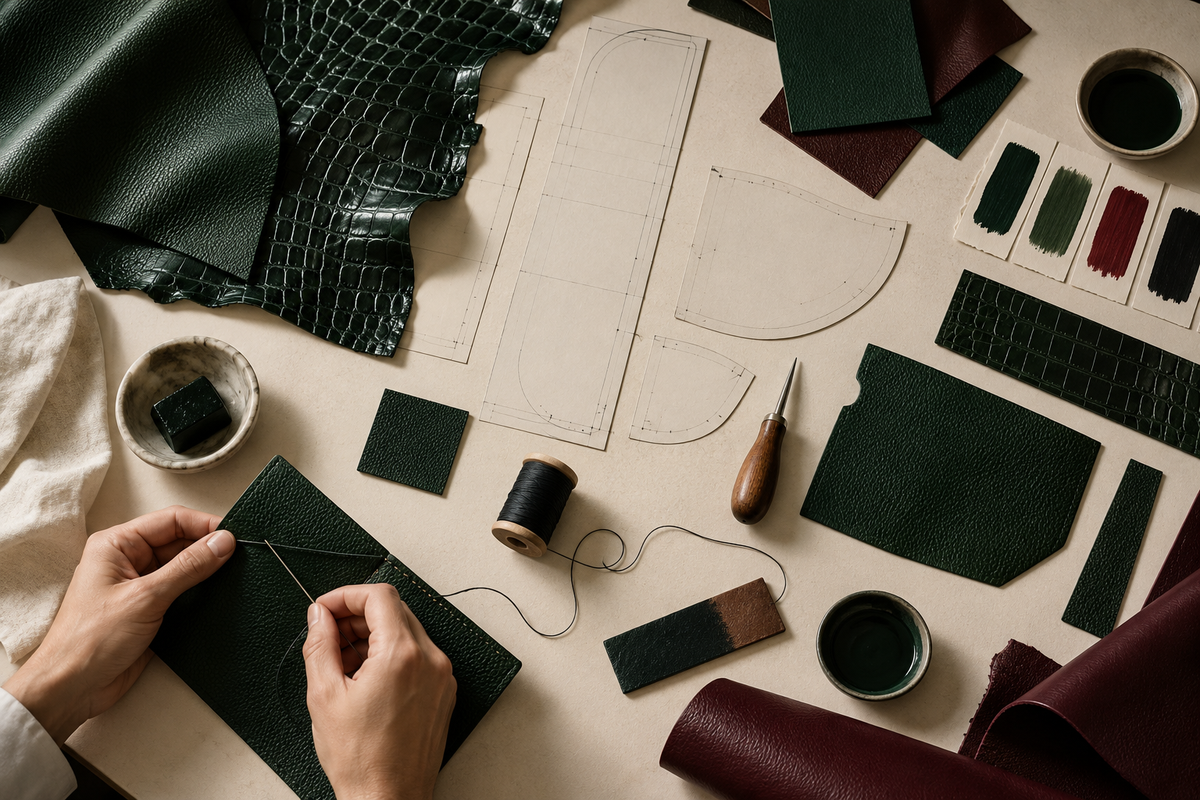 Leather patterns, materials and hand stitching in the CLAN Milano atelier