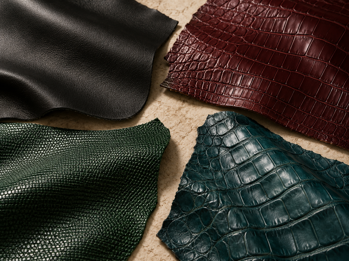 Calfskin, crocodile-embossed calfskin, lizard and alligator material study