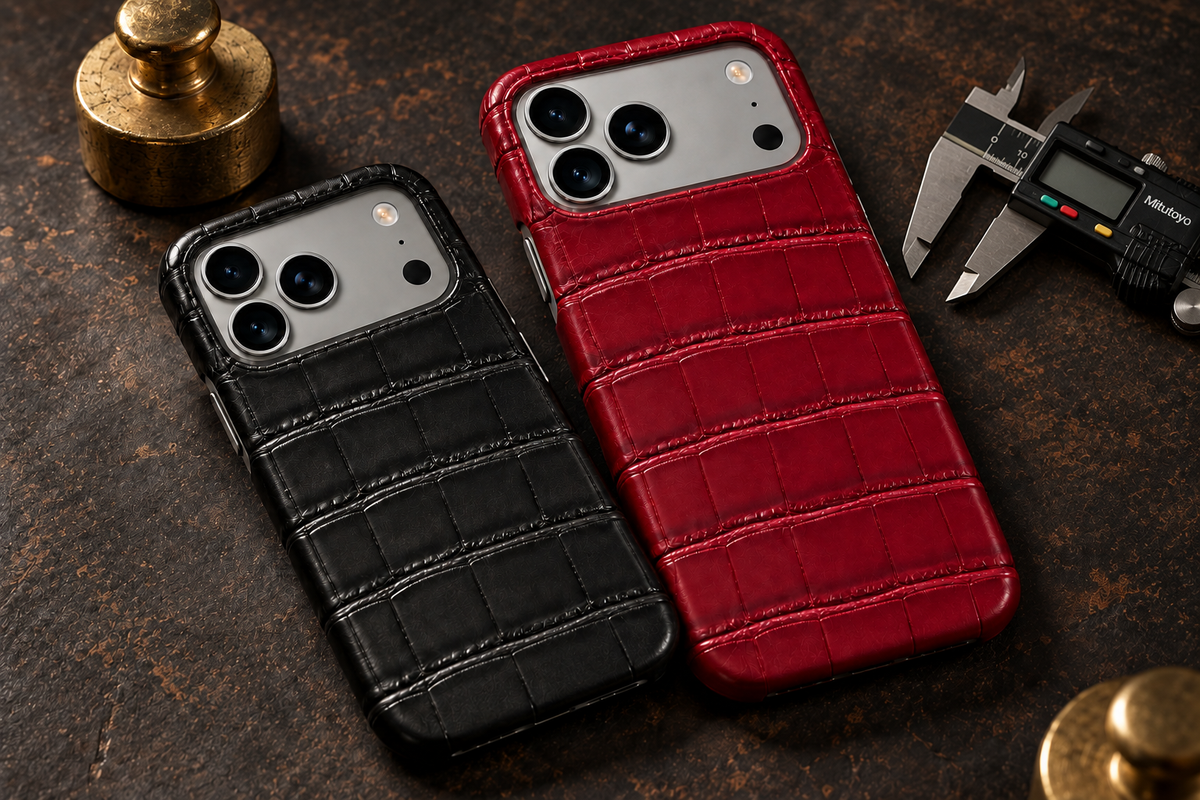 Cover CLAN Milano Pro e Pro Max in atelier con calibro digitale Mitutoyo