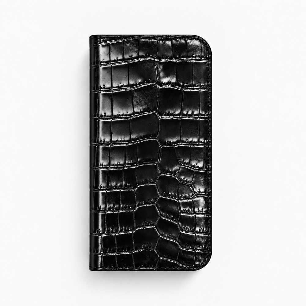 iPhone 18 Pro Max — Folio Vitello stampato coccodrillo — Nero lucido