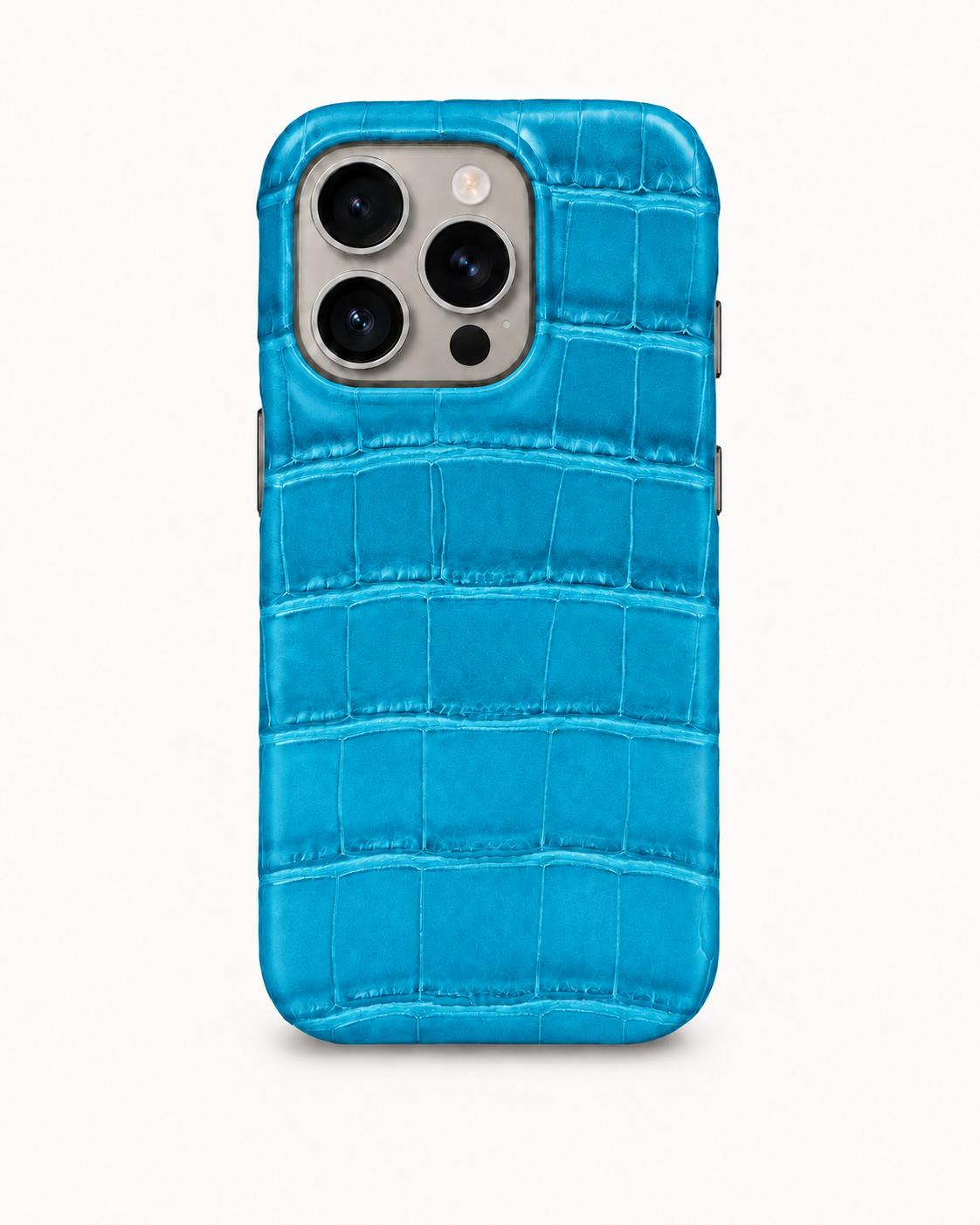 Cover iPhone 16 Pro in coccodrillo Aqua Blue, vista posteriore