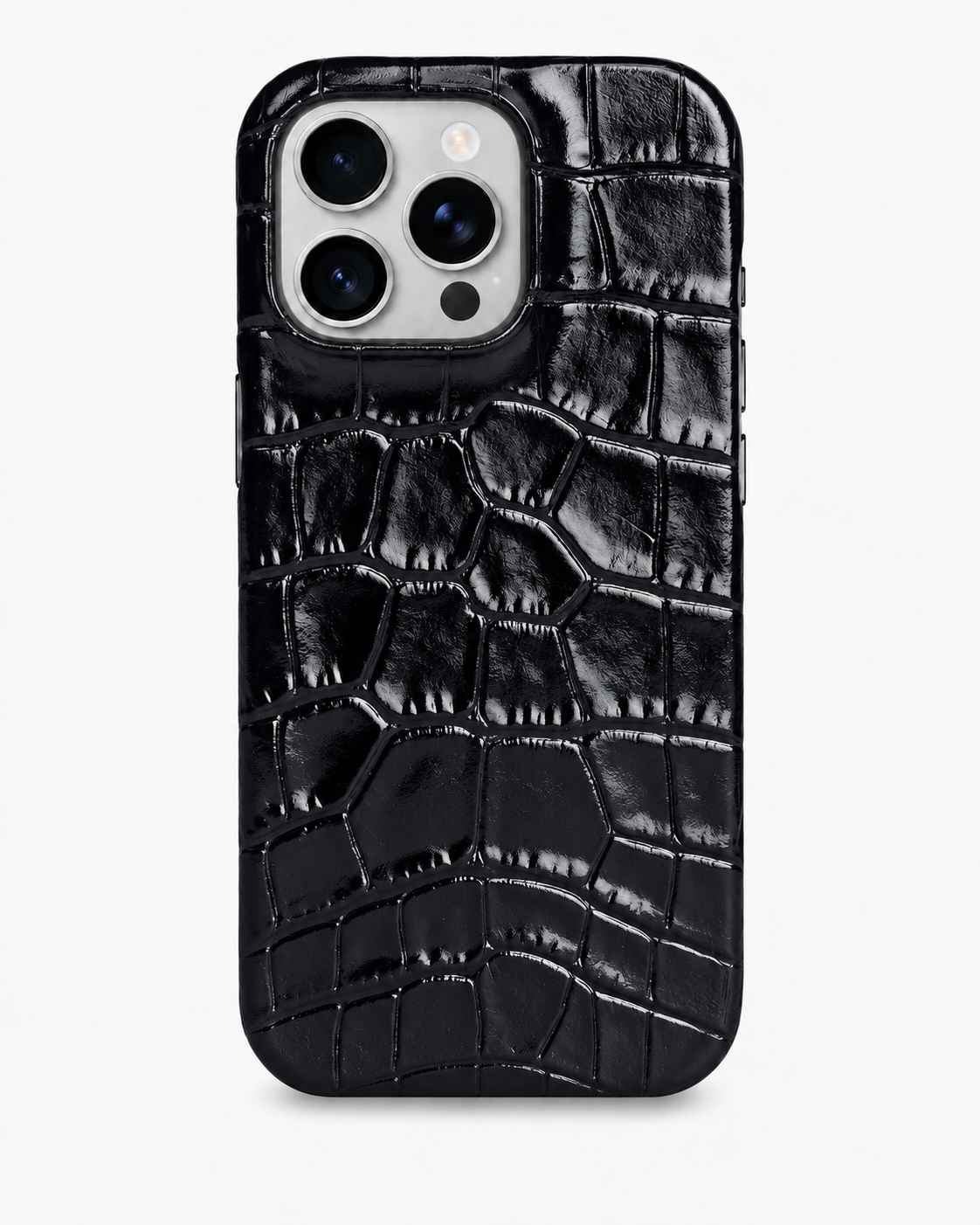 iPhone 16 Pro — Veau embossé crocodile — Noir brillant — Voir l’image 1