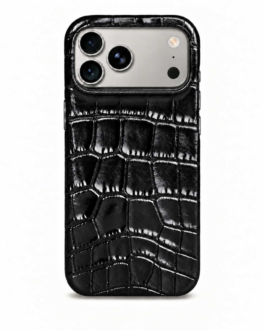 iPhone 18 Pro Max — Kalbsleder mit Krokodilprägung — Glänzendes Schwarz
