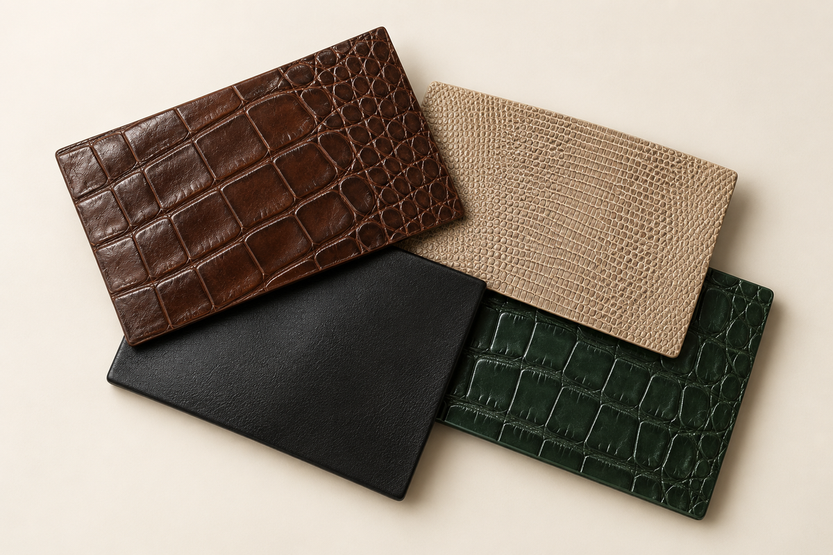 Close view of natural alligator leather on a CLAN case