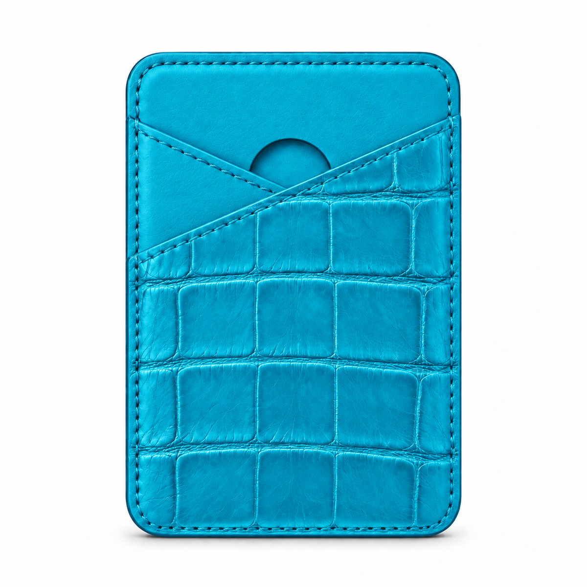 CLAN MagSafe Cross Pocket card holder — alligator and matching smooth calfskin — Aqua Blue — front