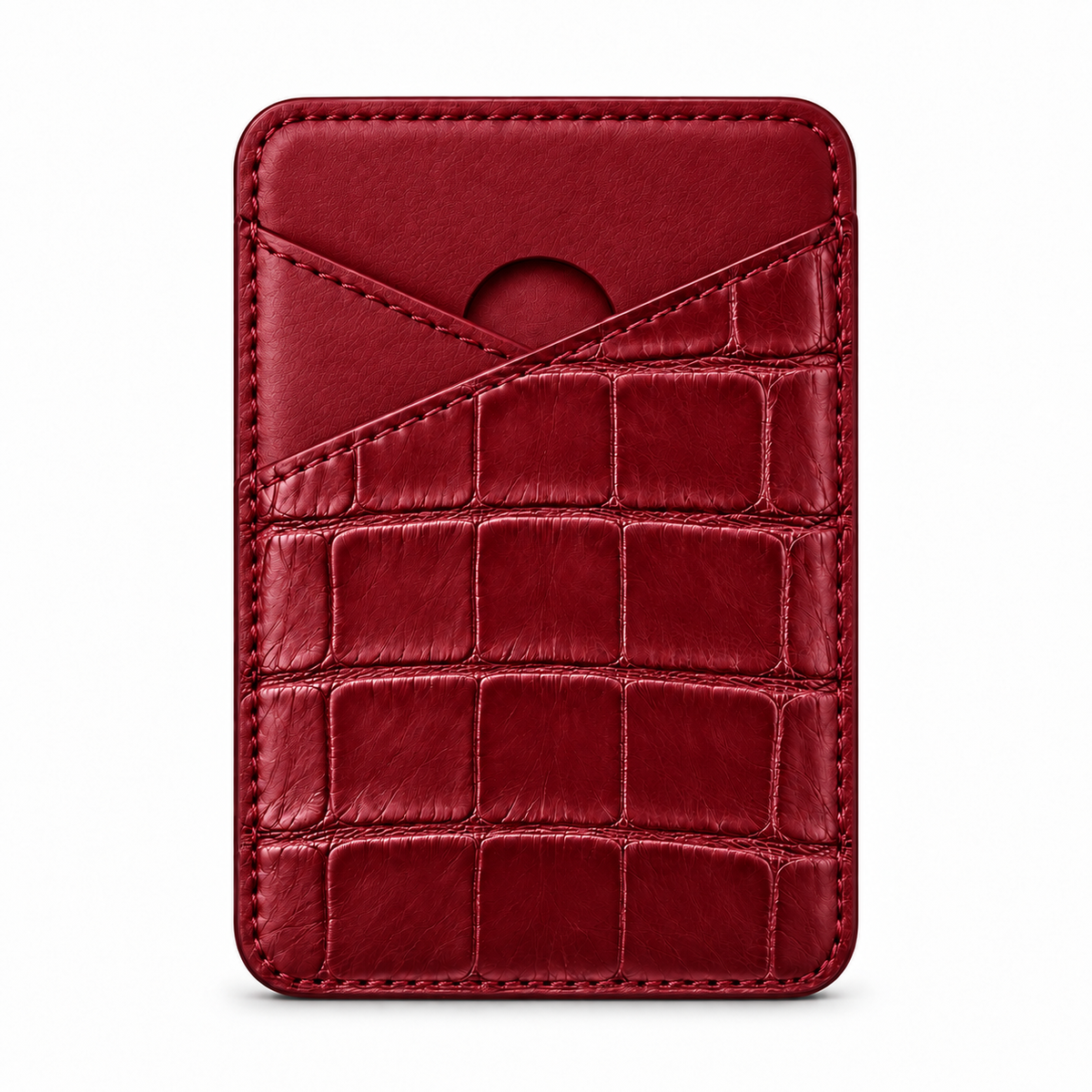 CLAN MagSafe Cross Pocket card holder — alligator and matching smooth calfskin — Cherry Red — front