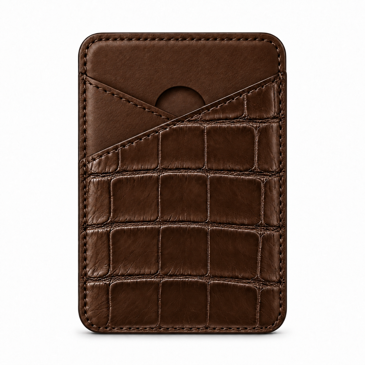 CLAN MagSafe Cross Pocket card holder — alligator and matching smooth calfskin — Chocolate — front