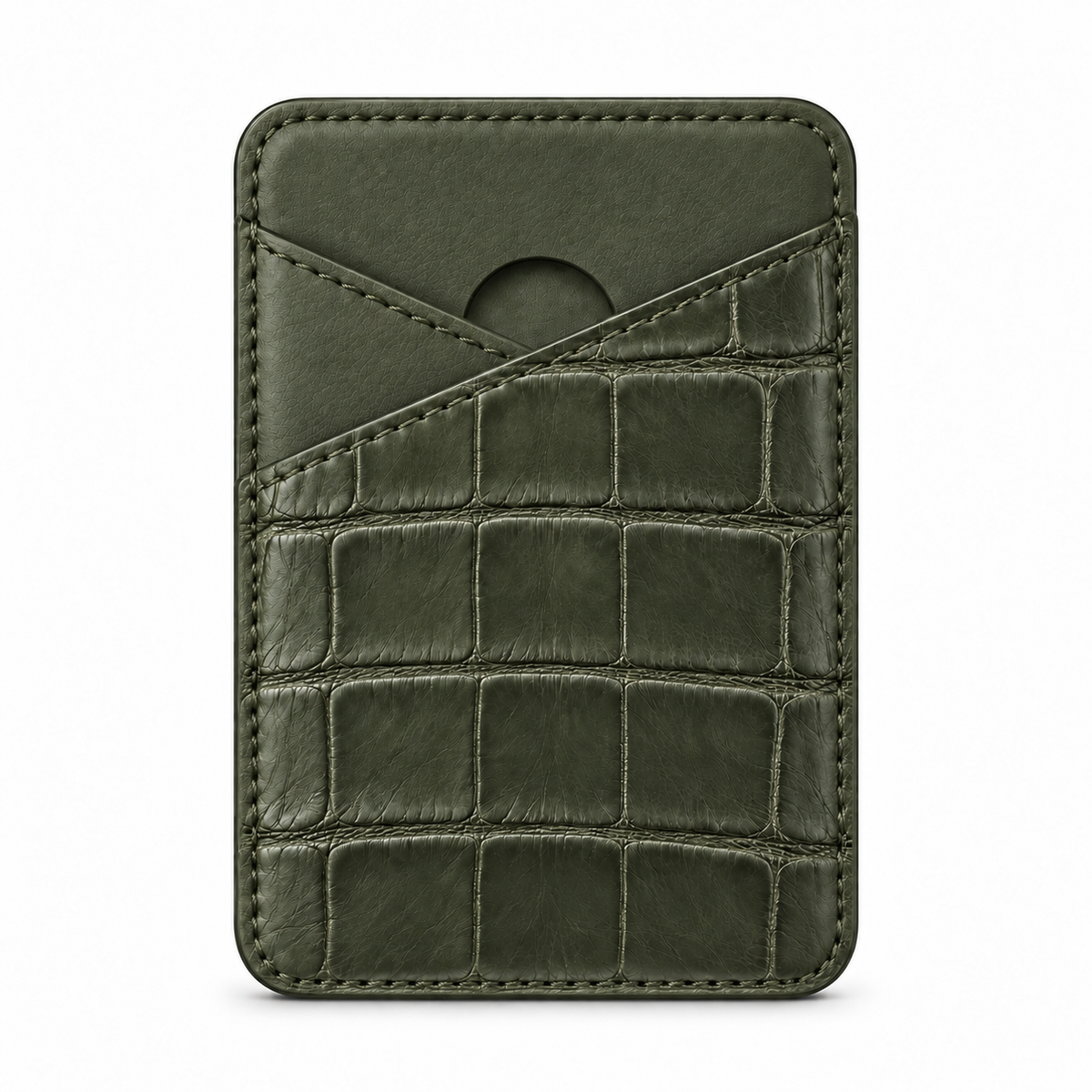 CLAN MagSafe Cross Pocket card holder — alligator and matching smooth calfskin — Military Green — front