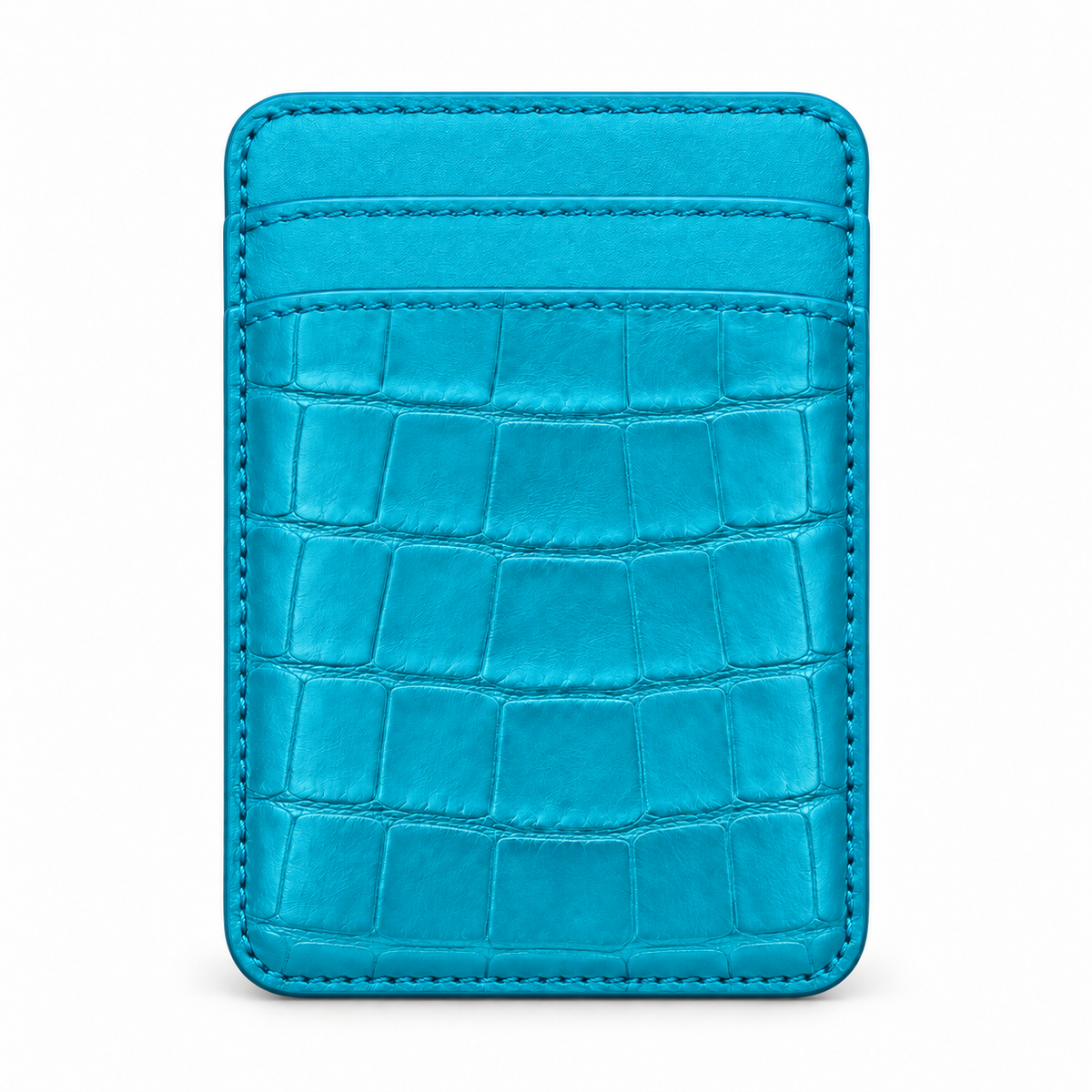CLAN MagSafe Double Pocket card holder — alligator and matching smooth calfskin — Aqua Blue — front