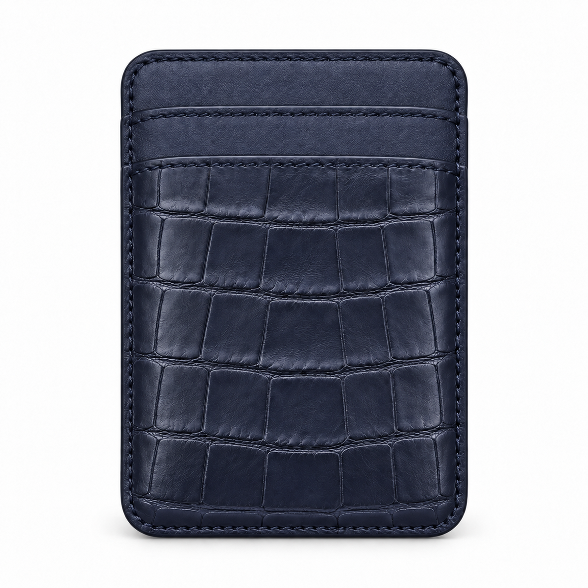 CLAN MagSafe Double Pocket card holder — alligator and matching smooth calfskin — Blue — front