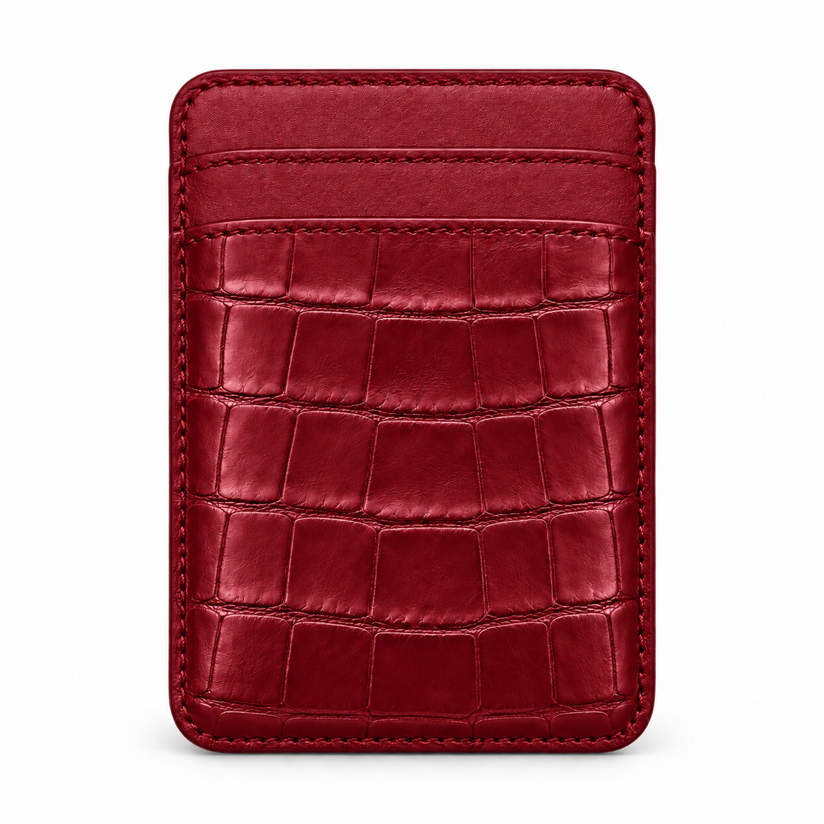 CLAN MagSafe Double Pocket card holder — alligator and matching smooth calfskin — Cherry Red — front