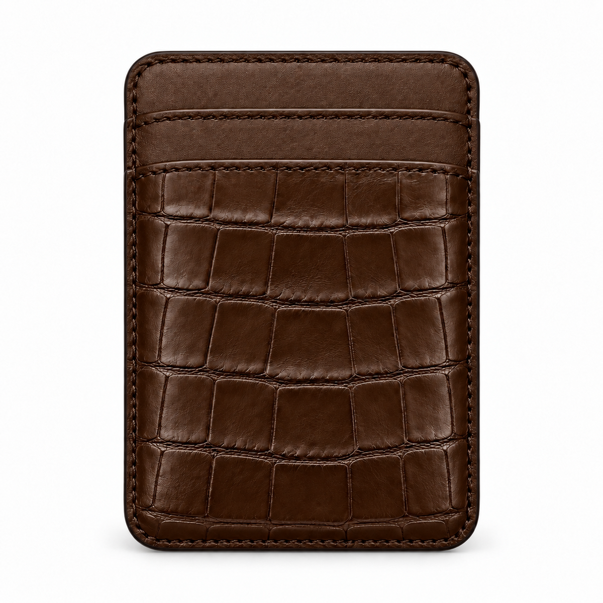 CLAN MagSafe Double Pocket card holder — alligator and matching smooth calfskin — Chocolate — front