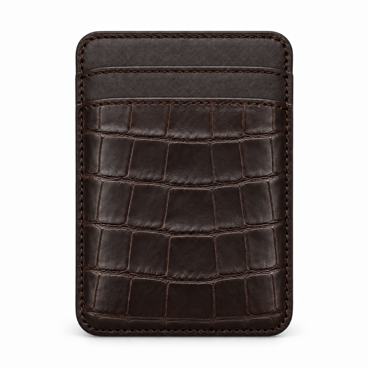 CLAN MagSafe Double Pocket card holder — alligator and matching smooth calfskin — Dark Brown — front