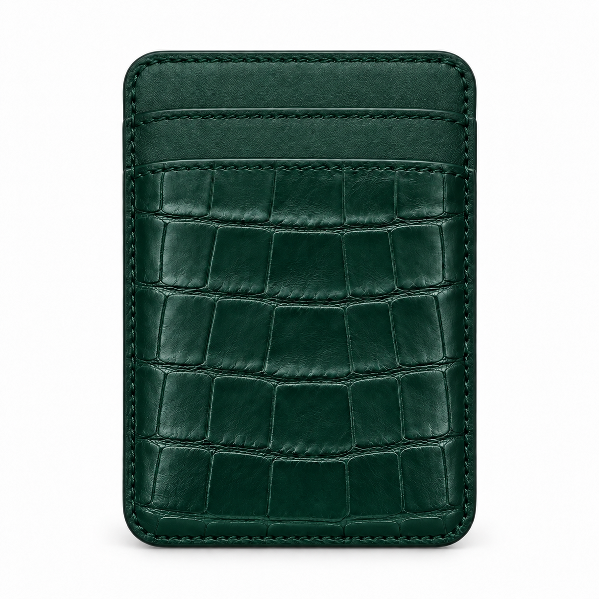 CLAN MagSafe Double Pocket card holder — alligator and matching smooth calfskin — Dark Green — front