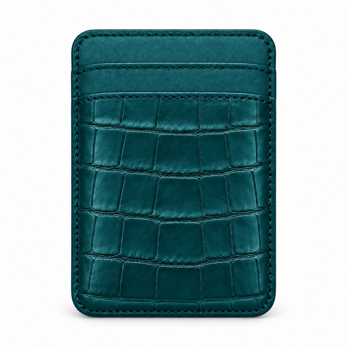 CLAN MagSafe Double Pocket card holder — alligator and matching smooth calfskin — Dark Petrol Green — front