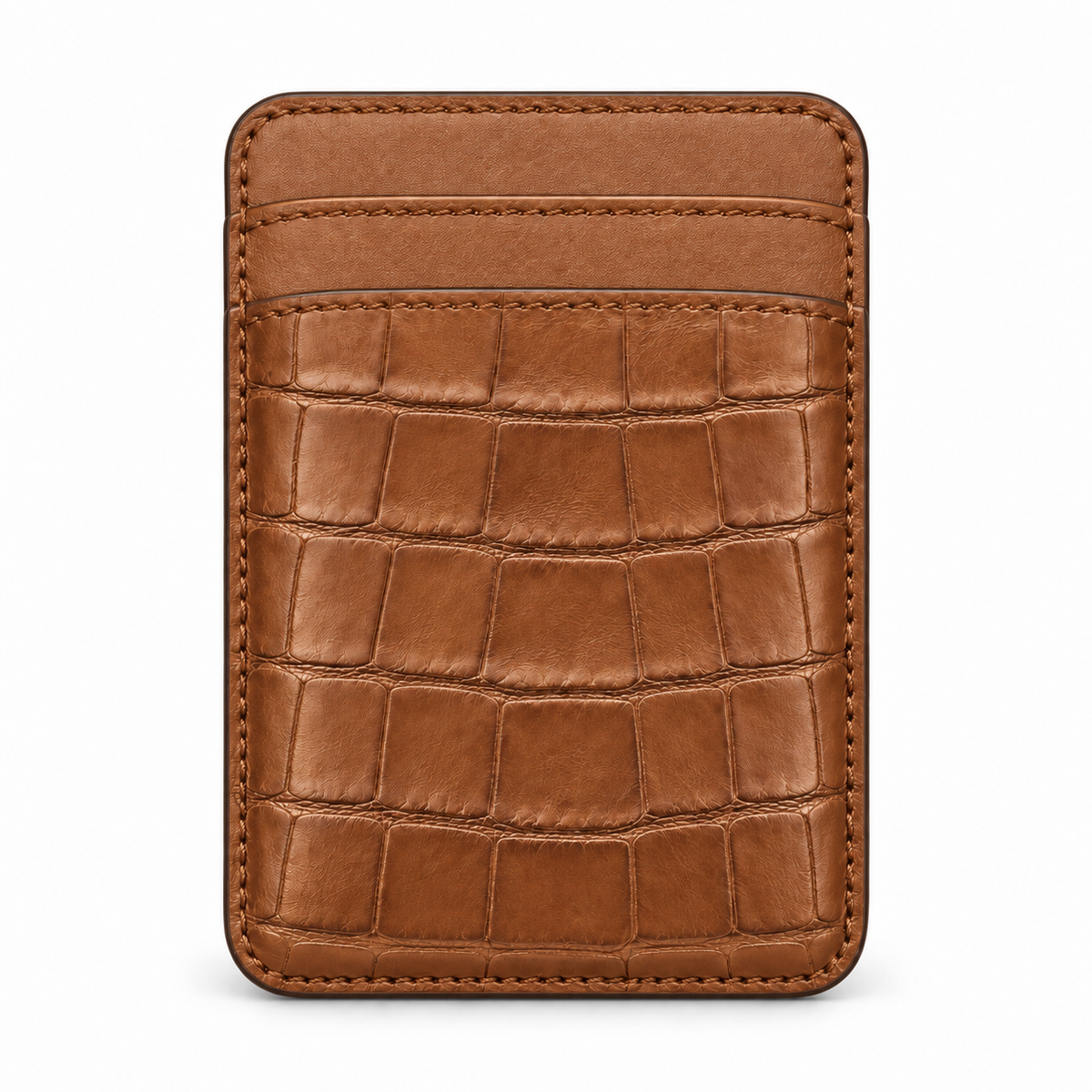 CLAN MagSafe Double Pocket card holder — alligator and matching smooth calfskin — Light Brown — front