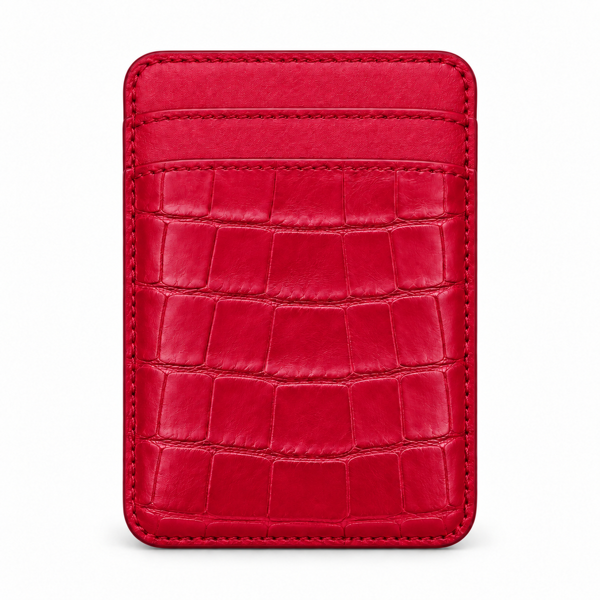 CLAN MagSafe Double Pocket card holder — alligator and matching smooth calfskin — Red — front