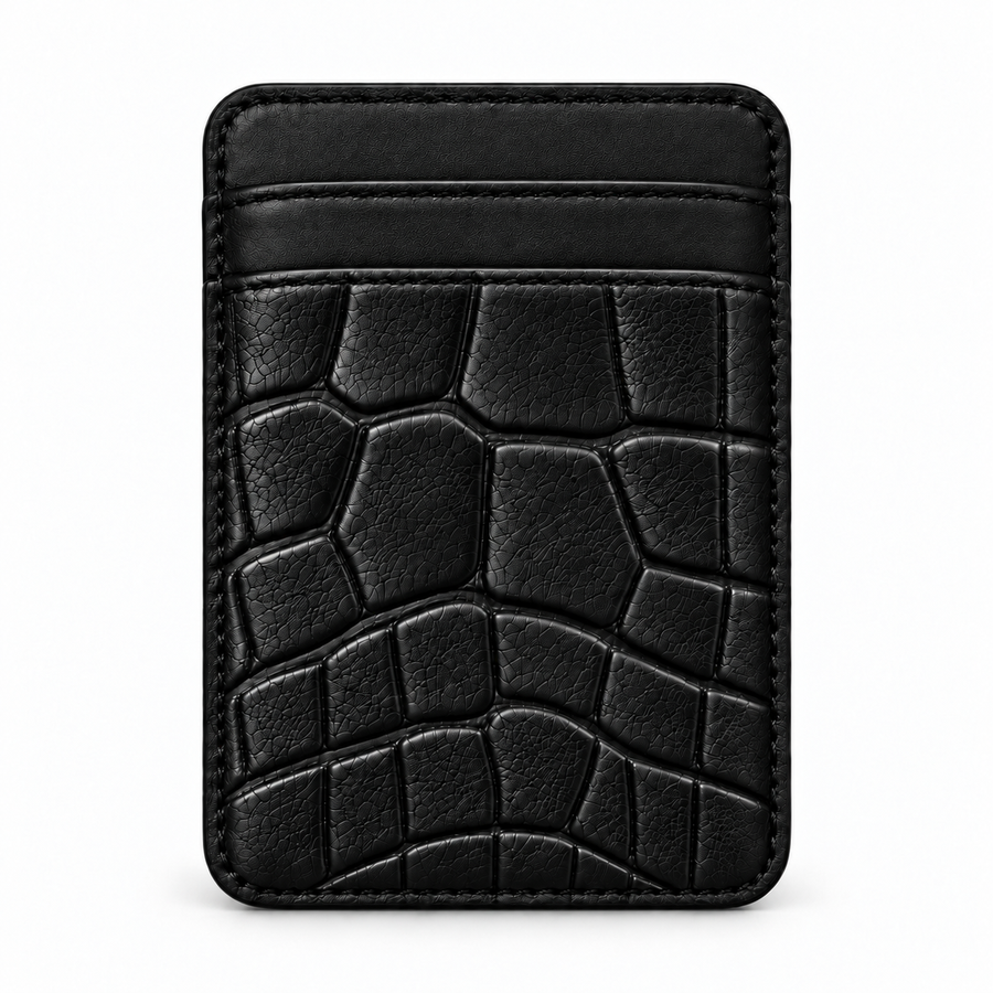 MagSafe Card Holder — Double Pocket — Crocodile Embossed Calfskin — Black