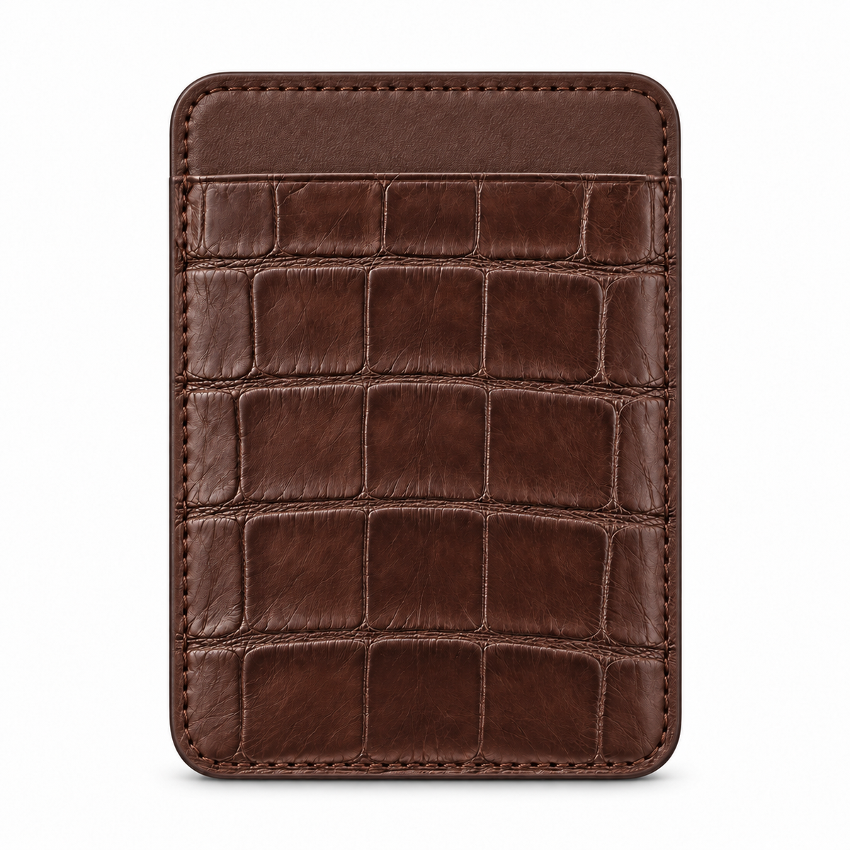 CLAN MagSafe Single Pocket card holder — alligator and matching smooth calfskin — Brown — front