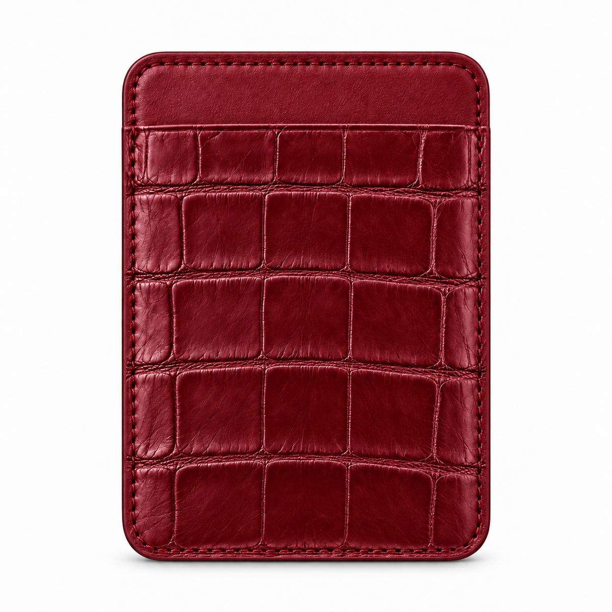 CLAN MagSafe Single Pocket card holder — alligator and matching smooth calfskin — Cherry Red — front